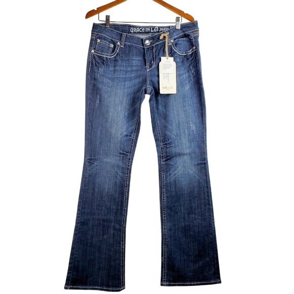 Grace in LA Denim - Grace in LA Women Bootcut Jeans Mid Rise Bold Cross Stretch Med Blue 30/34 NWT